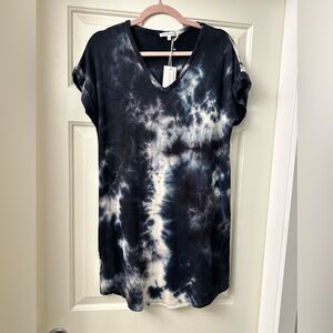 NWT Antistar Super Soft Elegant Black White Tie-Dye V-Neck Tunic Mini Dress M